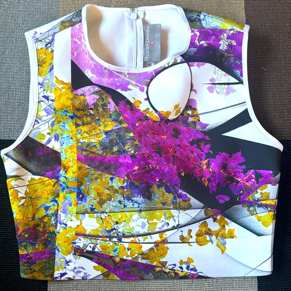 Clover Canyon Women’s Abstract Floral Cropped Sleeveless Neoprene Top size M